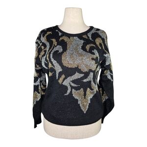 Vintage Rochelle Metallic Gold Silver Lurex Knit Sweater Black Medium 80s Glam